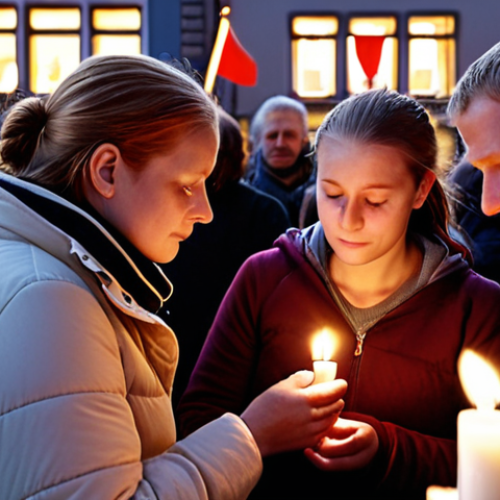 Home 26 Title: A Community Healing**
Prompt: A diverse group of Danish people gathered in a town square, some are talking and comforting each other, others are participating in a candlelight vigil. The scene should evoke a sense of resilience, hope, and community healing after a traumatic event. Soft, warm lighting. Incorporate the Danish flag subtly. Emphasize empathy and support. Photorealistic style.
**