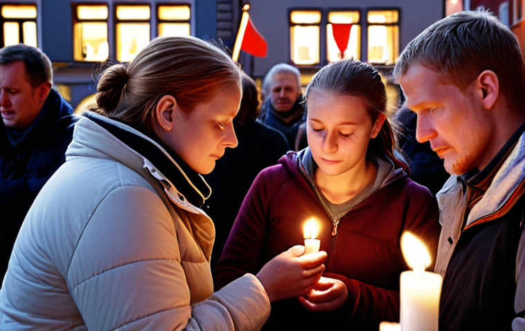 Title: A Community Healing**
Prompt: A diverse group of Danish people gathered in a town square, some are talking and comforting each other, others are participating in a candlelight vigil. The scene should evoke a sense of resilience, hope, and community healing after a traumatic event. Soft, warm lighting. Incorporate the Danish flag subtly. Emphasize empathy and support. Photorealistic style.
**
