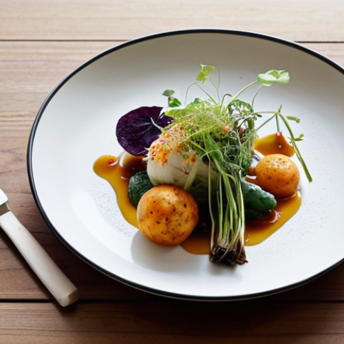 Home 25 **Prompt 1:** A meticulously plated dish from a cutting-edge Danish plant-based restaurant, embodying New Nordic cuisine's focus on sustainability and innovation. The scene features vibrant, seasonal vegetables (like slow-roasted celeriac or fermented roots) artfully arranged on a minimalist, natural backdrop, bathed in soft, natural light, emphasizing a zero-waste, farm-to-table philosophy.