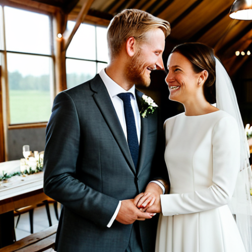 Home 24 A sophisticated Danish wedding couple. The bride in a modest, elegant, and clean-lined white gown made of sustainable fabric, the groom in a charcoal grey suit with a simple boutonnière. Both fully clothed, appropriate attire. Inside a beautifully decorated, warm, and cozy wedding reception hall, possibly a renovated rustic barn or a glass conservatory, bathed in soft, inviting candlelight and warm string lights. Guests are visible in the background, enjoying conversations around wooden tables adorned with simple, natural floral arrangements and small potted plants. The atmosphere exudes hygge, with a sense of intimate joy and comfort. Professional photography, high quality, studio lighting, perfect anatomy, correct proportions, natural pose, well-formed hands, proper finger count, natural body proportions, safe for work, appropriate content, fully clothed, modest, family-friendly.