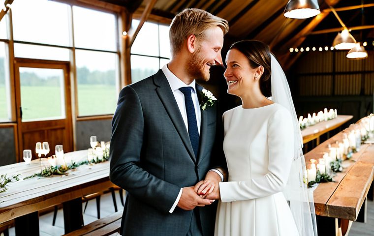 A sophisticated Danish wedding couple. The bride in a modest, elegant, and clean-lined white gown made of sustainable fabric, the groom in a charcoal grey suit with a simple boutonnière. Both fully clothed, appropriate attire. Inside a beautifully decorated, warm, and cozy wedding reception hall, possibly a renovated rustic barn or a glass conservatory, bathed in soft, inviting candlelight and warm string lights. Guests are visible in the background, enjoying conversations around wooden tables adorned with simple, natural floral arrangements and small potted plants. The atmosphere exudes hygge, with a sense of intimate joy and comfort. Professional photography, high quality, studio lighting, perfect anatomy, correct proportions, natural pose, well-formed hands, proper finger count, natural body proportions, safe for work, appropriate content, fully clothed, modest, family-friendly.