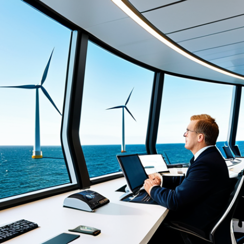 Home 23 A diverse team of professionals, including individuals of Danish and German descent, collaborating in a cutting-edge energy control center. The large panoramic windows overlook a vast offshore wind farm in the North Sea under a clear sky, symbolizing green energy leadership. Inside, the team is gathered around interactive digital displays showing renewable energy data and grid integration. The atmosphere is one of focused innovation and shared purpose. All subjects are fully clothed in professional business attire, with modest clothing, appropriate content, perfect anatomy, correct proportions, well-formed hands, proper finger count, natural body proportions, natural pose, safe for work, family-friendly, professional photography, high quality.
