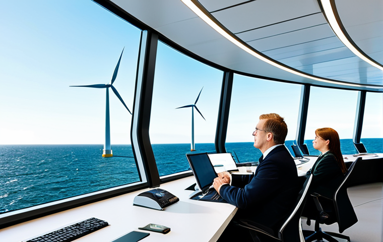 A diverse team of professionals, including individuals of Danish and German descent, collaborating in a cutting-edge energy control center. The large panoramic windows overlook a vast offshore wind farm in the North Sea under a clear sky, symbolizing green energy leadership. Inside, the team is gathered around interactive digital displays showing renewable energy data and grid integration. The atmosphere is one of focused innovation and shared purpose. All subjects are fully clothed in professional business attire, with modest clothing, appropriate content, perfect anatomy, correct proportions, well-formed hands, proper finger count, natural body proportions, natural pose, safe for work, family-friendly, professional photography, high quality.