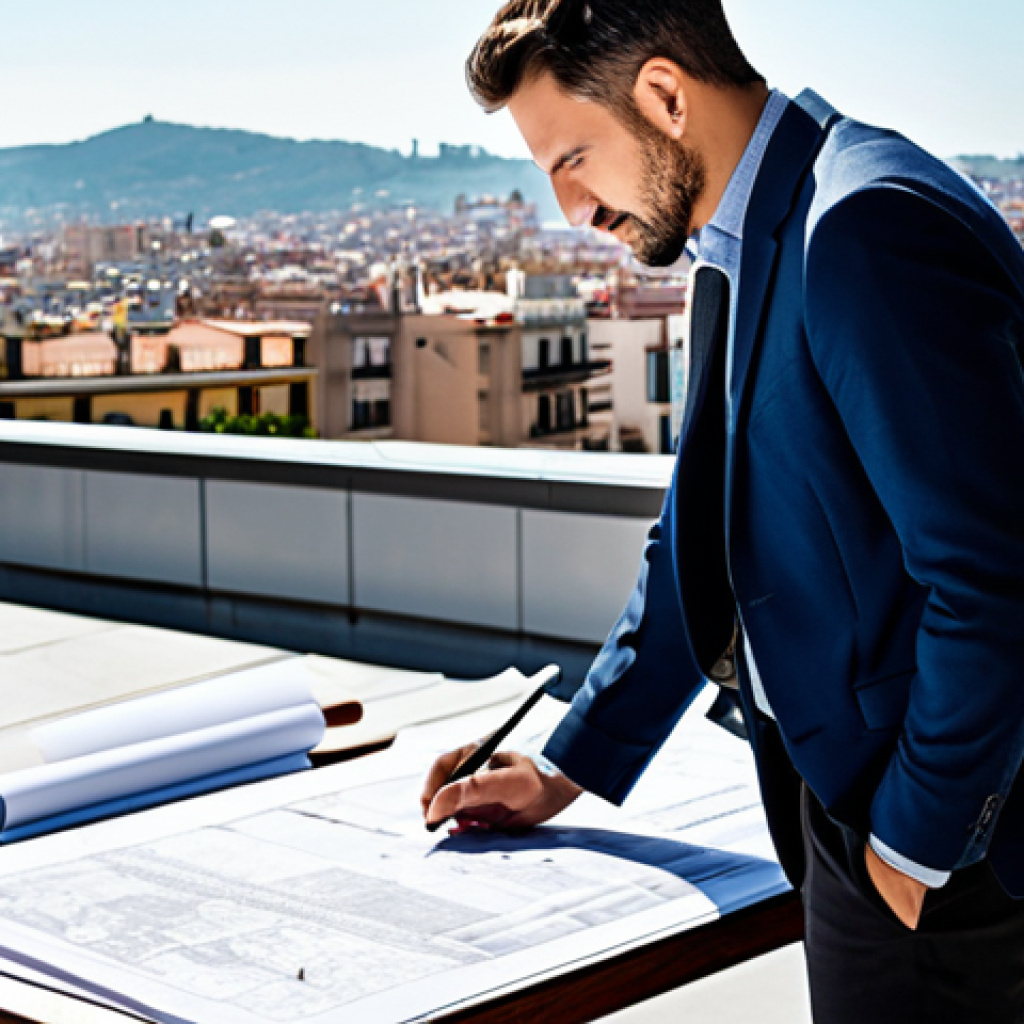 **

"A professional architect, fully clothed in a stylish business casual outfit, reviewing blueprints on a sunny rooftop terrace in Barcelona, appropriate attire, safe for work, perfect anatomy, natural proportions, architectural photography, high quality"

**