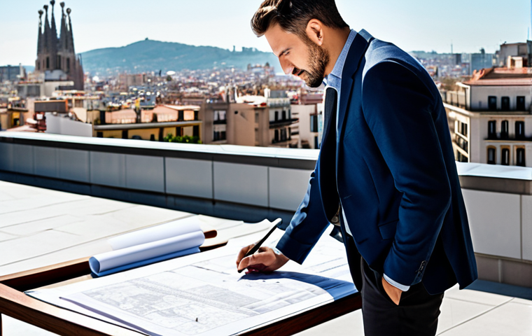 **

"A professional architect, fully clothed in a stylish business casual outfit, reviewing blueprints on a sunny rooftop terrace in Barcelona, appropriate attire, safe for work, perfect anatomy, natural proportions, architectural photography, high quality"

**
