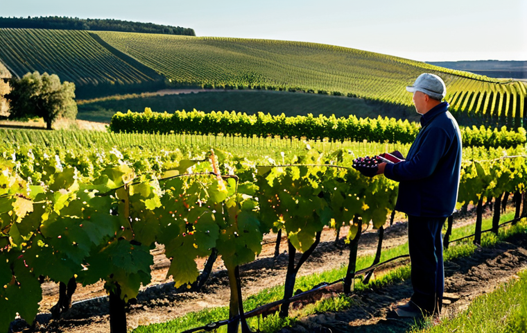 덴마크의 와이너리 및 맥주 양조장 투어 - Danish Vineyard Scene**

A small, family-owned vineyard in Denmark, late afternoon sun, rows of Sola...