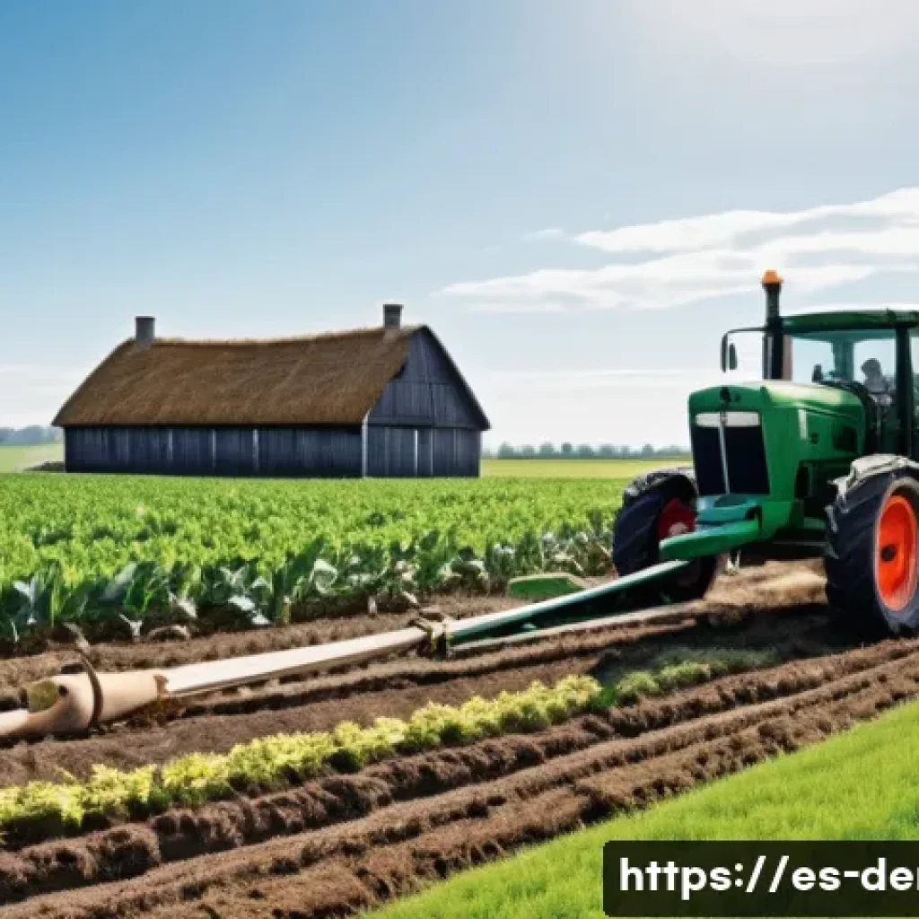 덴마크의 산업 혁명 - A detailed rural Danish agricultural scene from the late 19th century showing farmers operating earl...