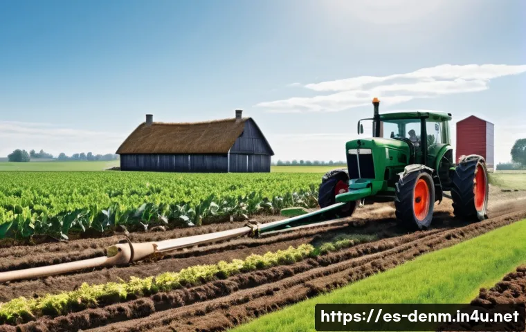 덴마크의 산업 혁명 - A detailed rural Danish agricultural scene from the late 19th century showing farmers operating earl...
