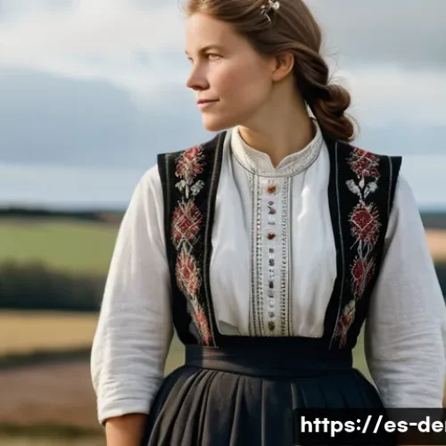 덴마크 전통 의상 - A detailed portrait of a Danish woman in traditional Jutland attire, wearing a long dark wool skirt ...