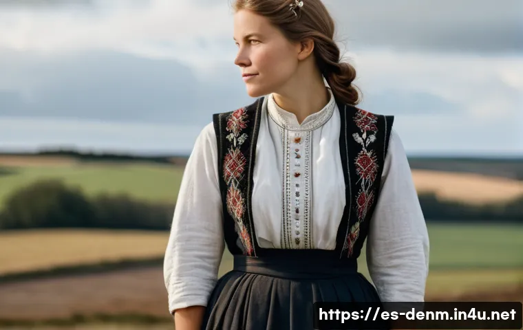 덴마크 전통 의상 - A detailed portrait of a Danish woman in traditional Jutland attire, wearing a long dark wool skirt ...