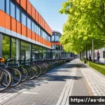 덴마크 자전거 문화와 도로 시스템 - A vibrant urban street scene in a Danish city showcasing an extensive, segregated bicycle lane netwo...