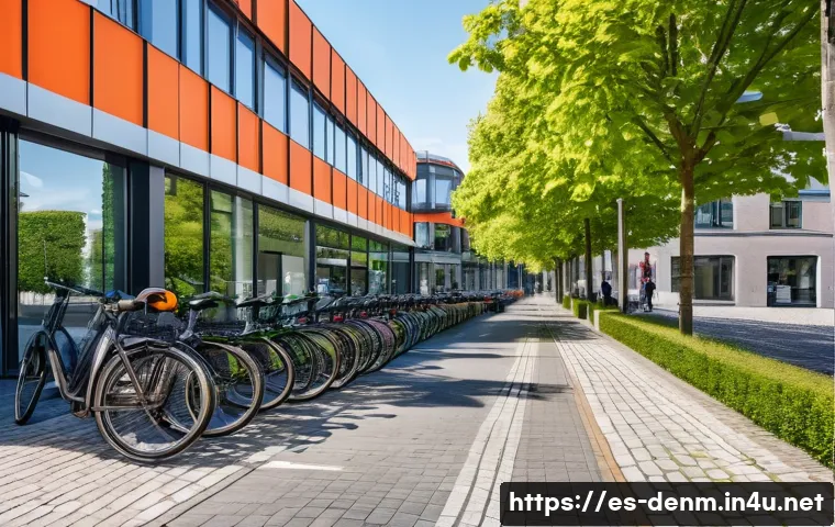 덴마크 자전거 문화와 도로 시스템 - A vibrant urban street scene in a Danish city showcasing an extensive, segregated bicycle lane netwo...