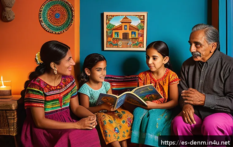 덴마크 출신 안데르센 동화 작가 - A warm and cozy family scene of a multi-generational Hispanic family gathered in a traditional Mexic...