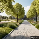 덴마크 현대 건축물 - A modern Danish urban park integrated within a residential neighborhood in Copenhagen, showcasing lu...
