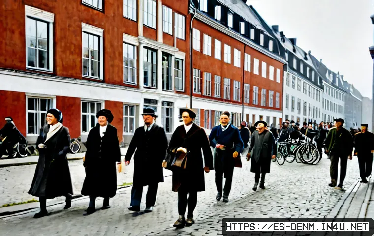 덴마크 사회민주주의 역사 - Photorealistic 1930s Copenhagen street scene illustrating the roots of Danish social democracy, dive...
