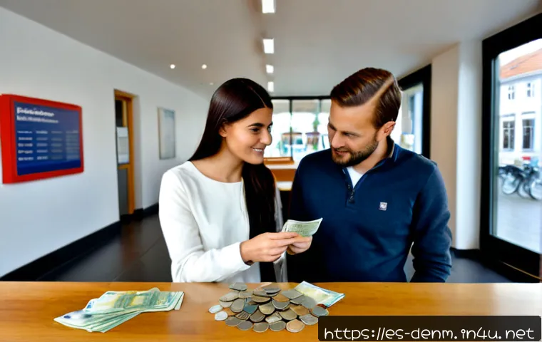 덴마크 통화와 환전 방법 - Photorealistic travel currency exchange scene in a bright Copenhagen bank interior, Spanish-speaking...