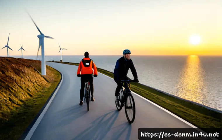 덴마크의 기후 변화 대응 정책 - Photorealistic wide-angle view of a Danish coastal wind farm at sunrise, tall white turbines turning...