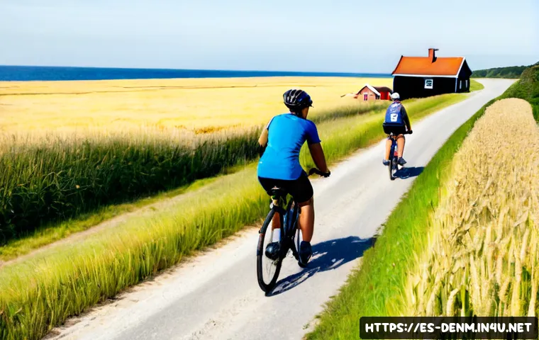 덴마크 자전거 여행 코스 - Photorealistic cycling route through the Danish countryside, two adult travelers riding sturdy touri...