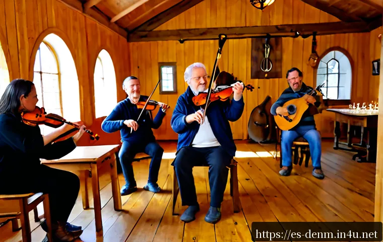 Home 17 덴마크 전통 음악과 악기 - Photorealistic Danish traditional folk music performance in a cozy wooden village hall, an elderly f...